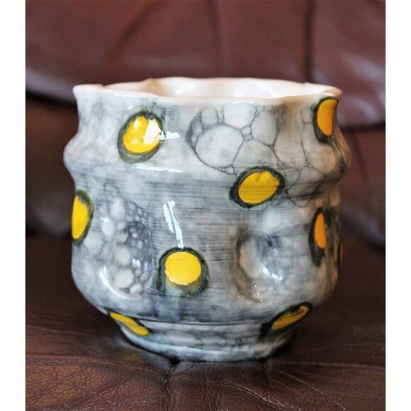 Polka dots Ceramic Black & Yellow Altered Vase Bubble Technique Organic Shape - Picture 3 of 11